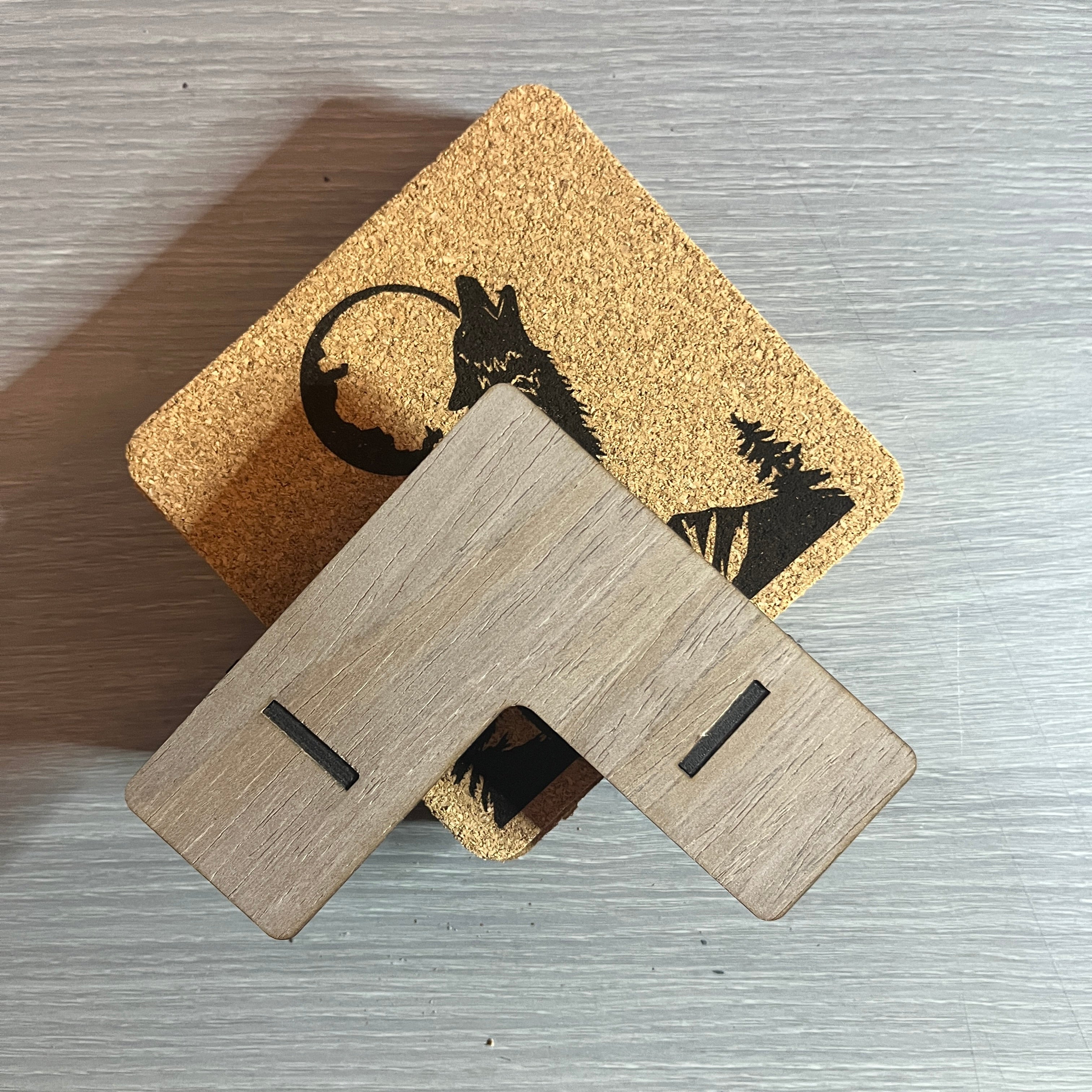 Wolf cork coaster set with Walnut stand