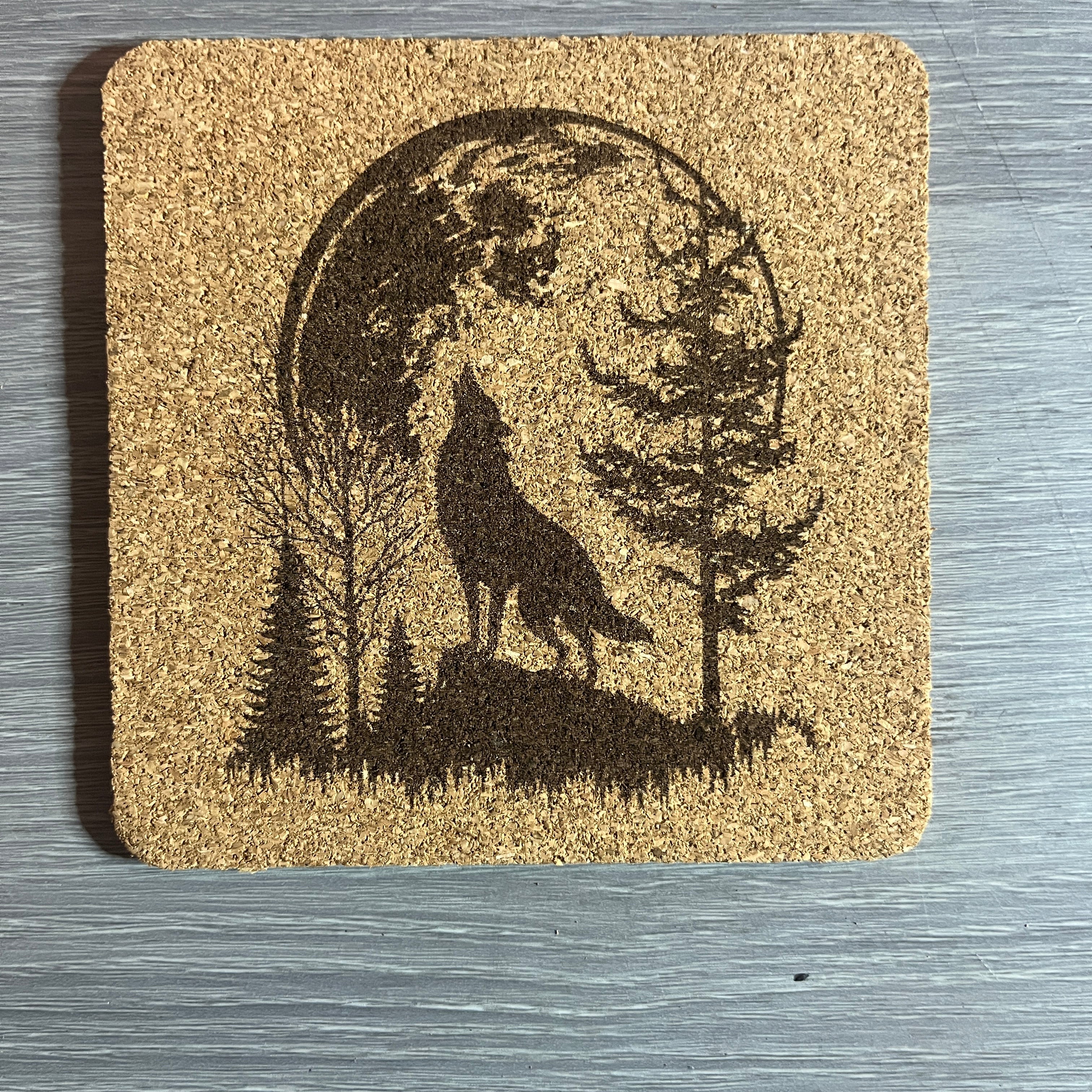 Wolf cork coaster set with Walnut stand