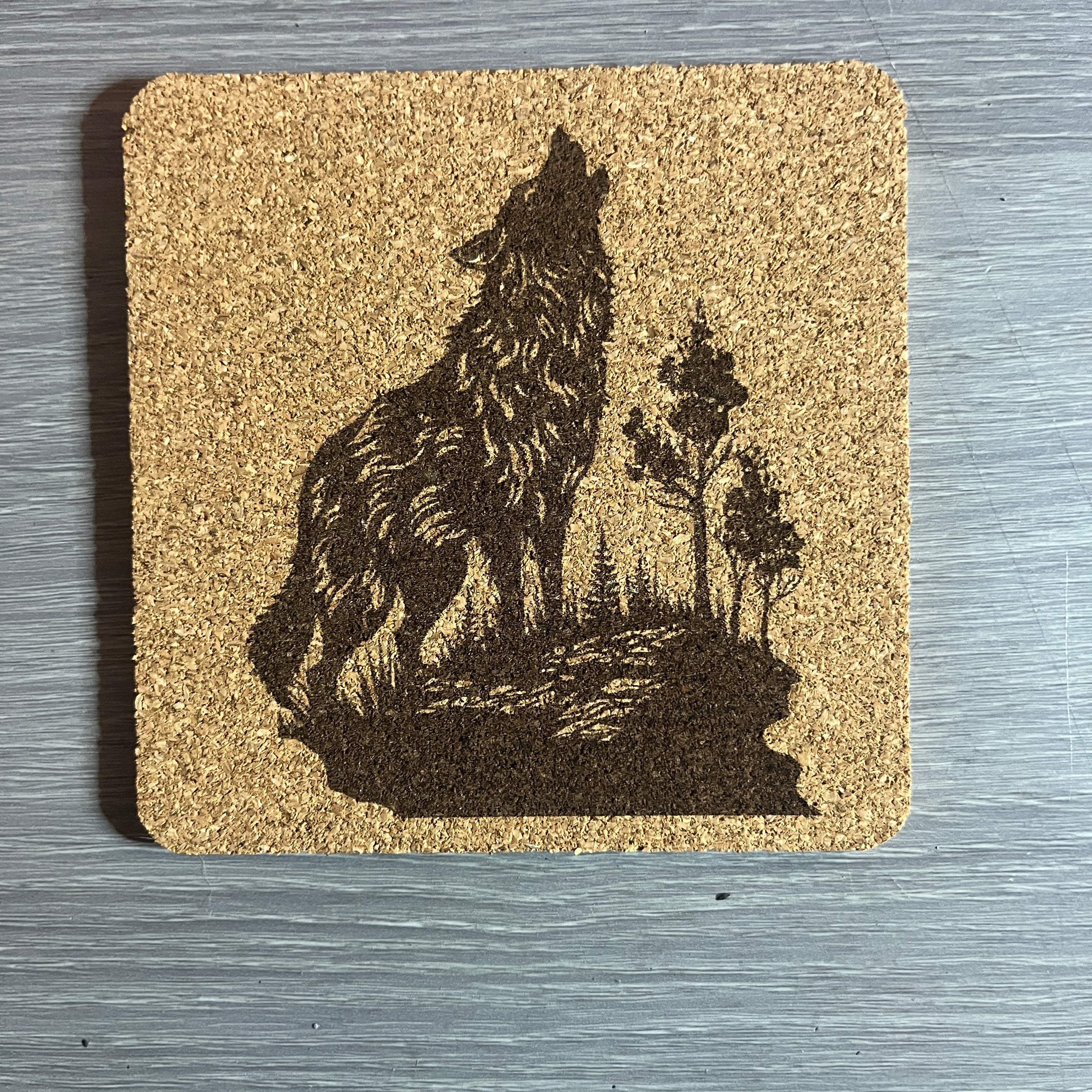 Wolf cork coaster set with Walnut stand