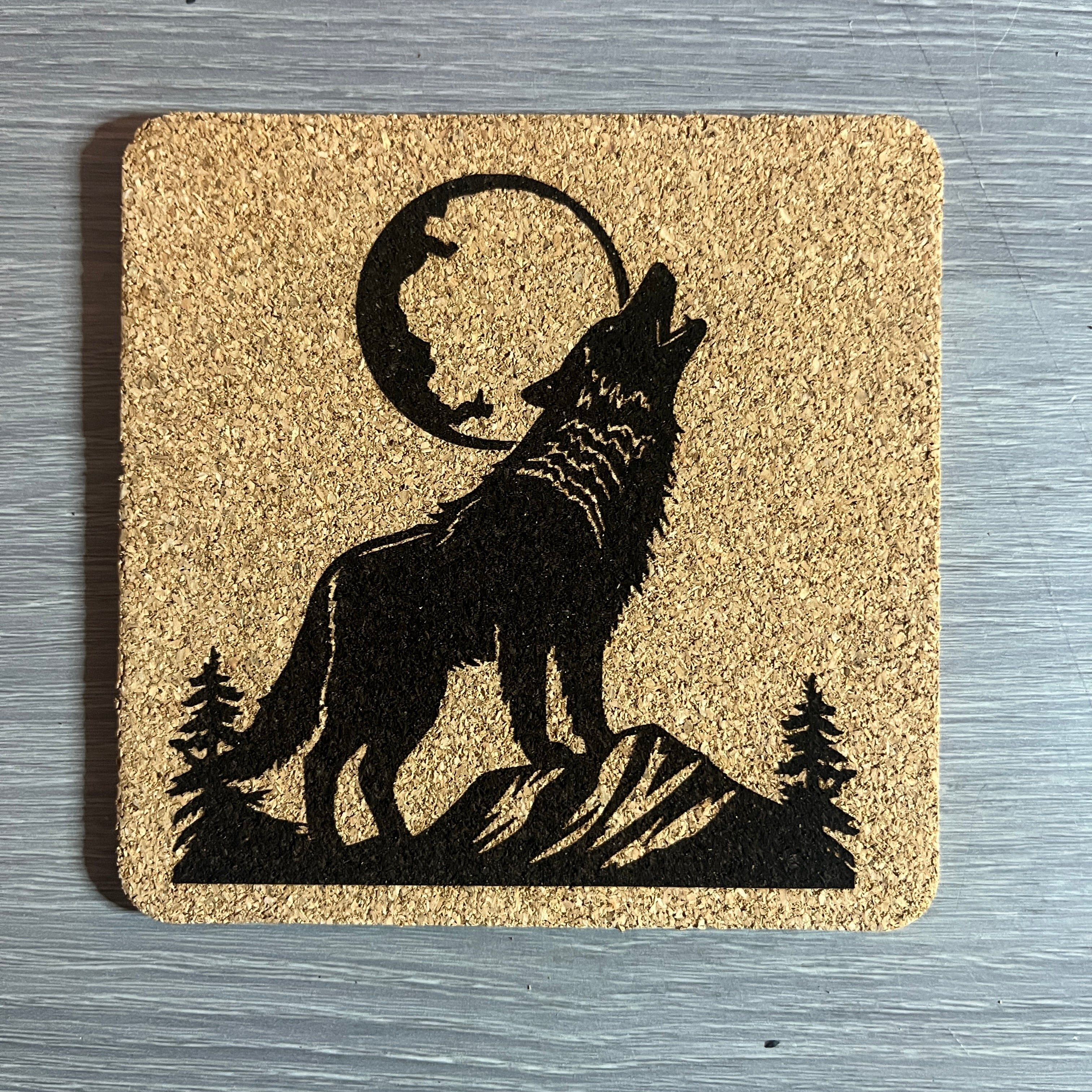 Wolf cork coaster set with Walnut stand