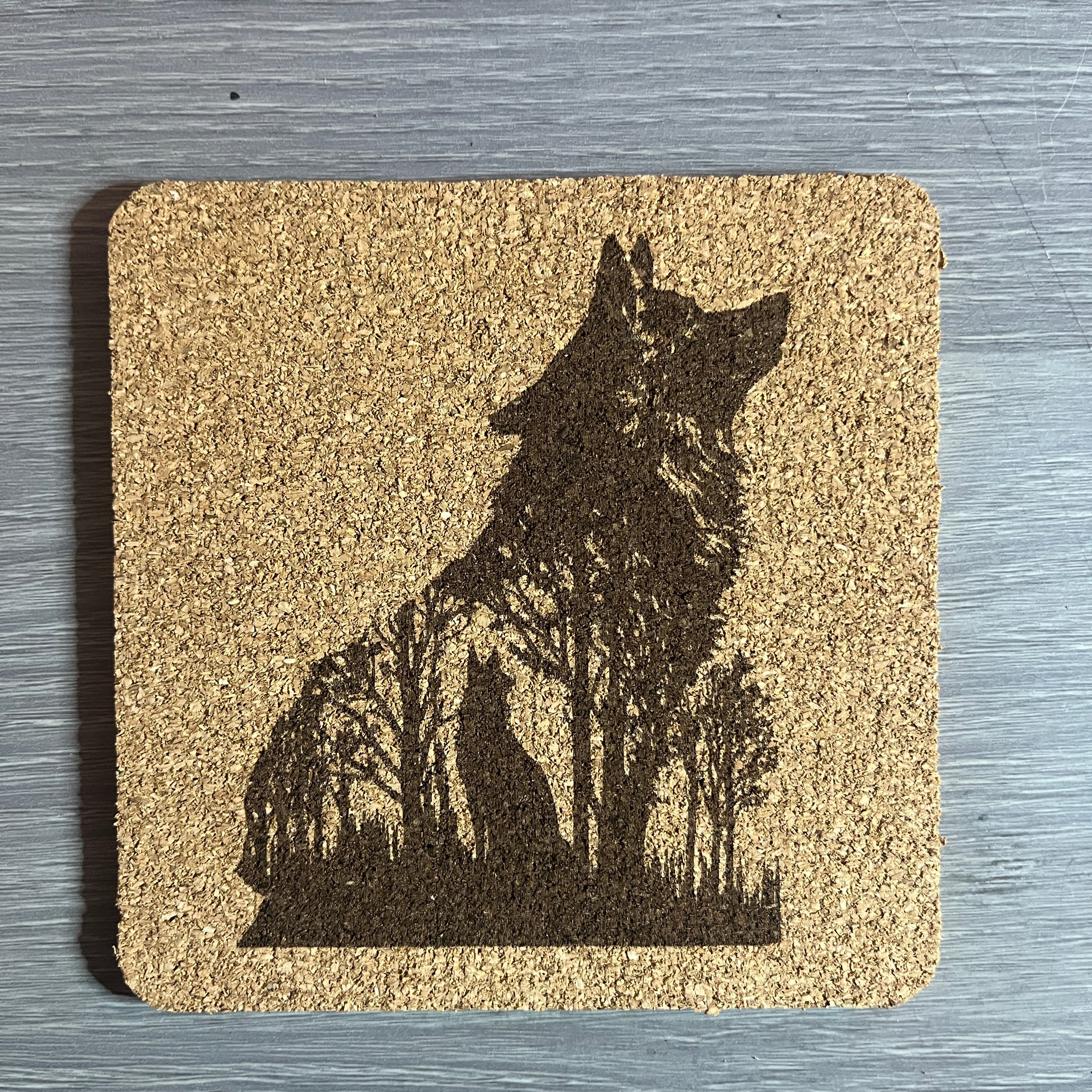 Wolf cork coaster set with Walnut stand