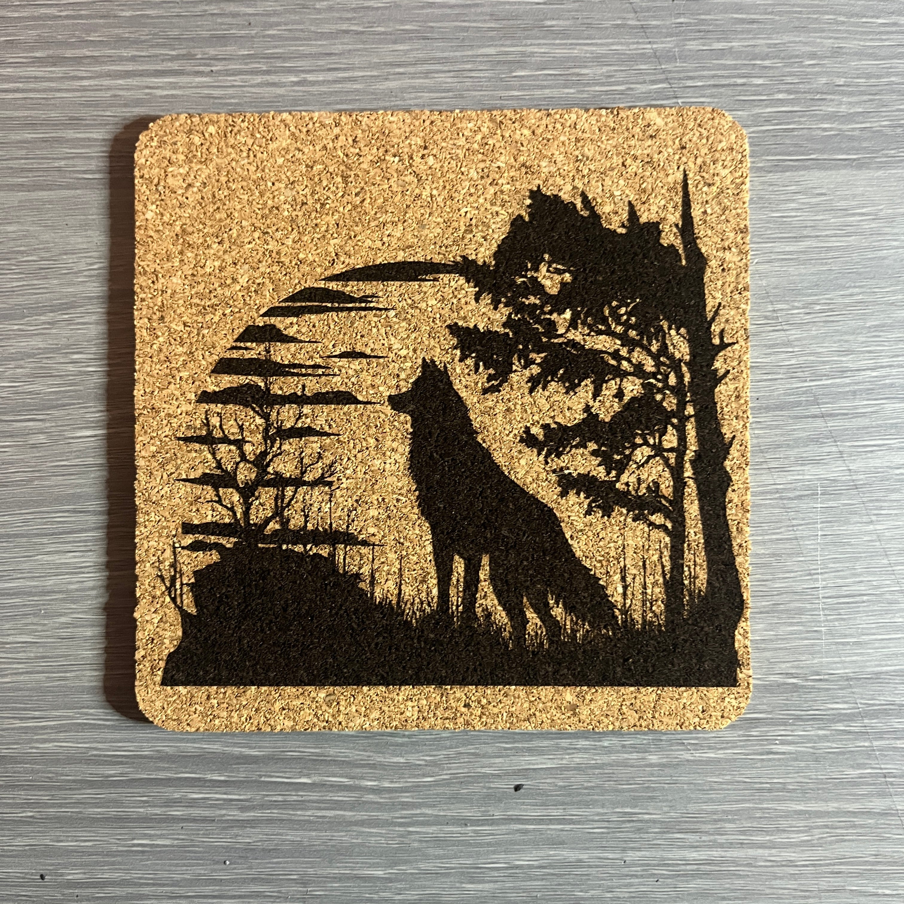 Wolf cork coaster set with Walnut stand