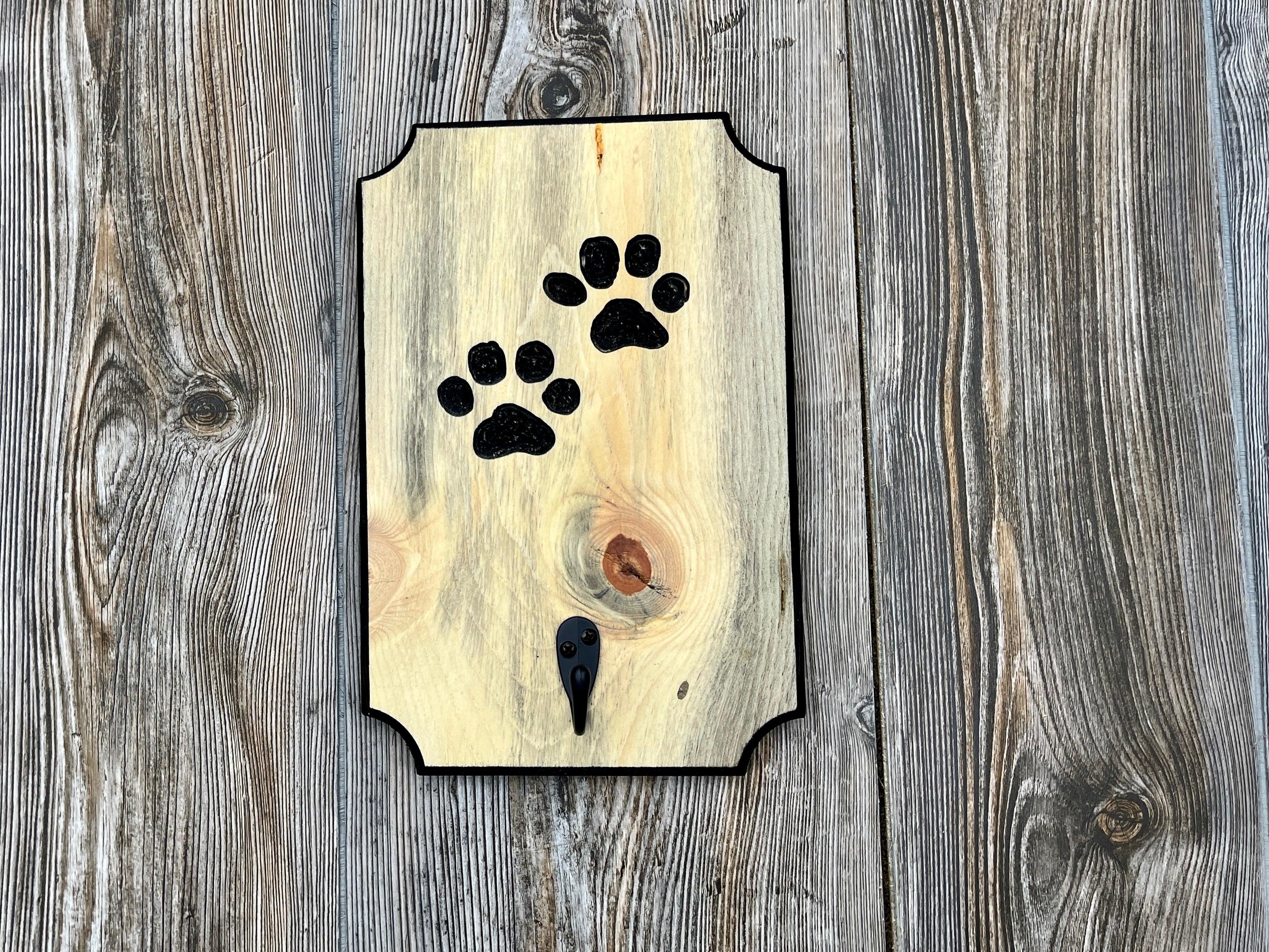 Custom Hand Carved Wooden Dog Leash Holder with Paw Prints