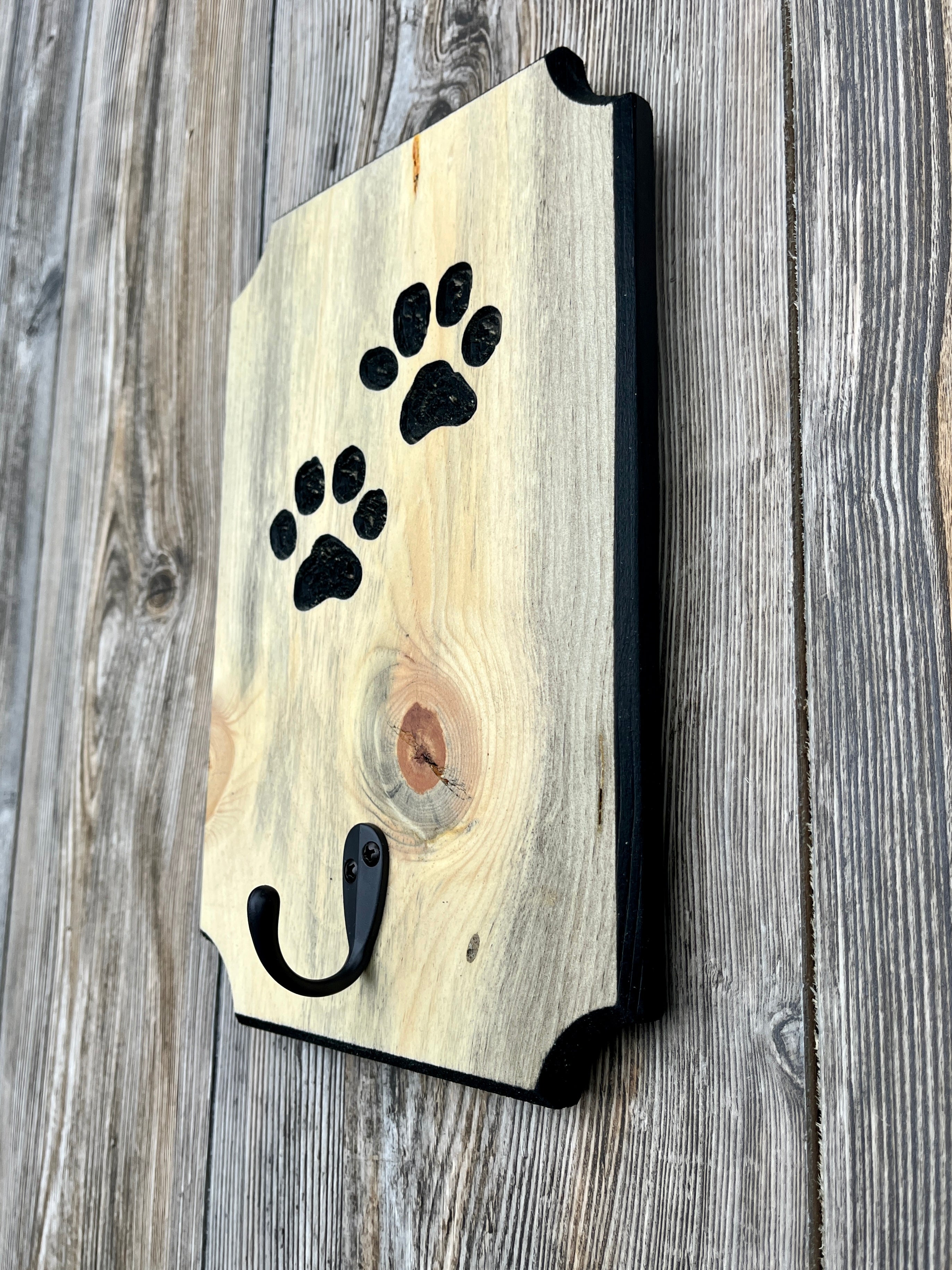Custom Hand Carved Wooden Dog Leash Holder with Paw Prints