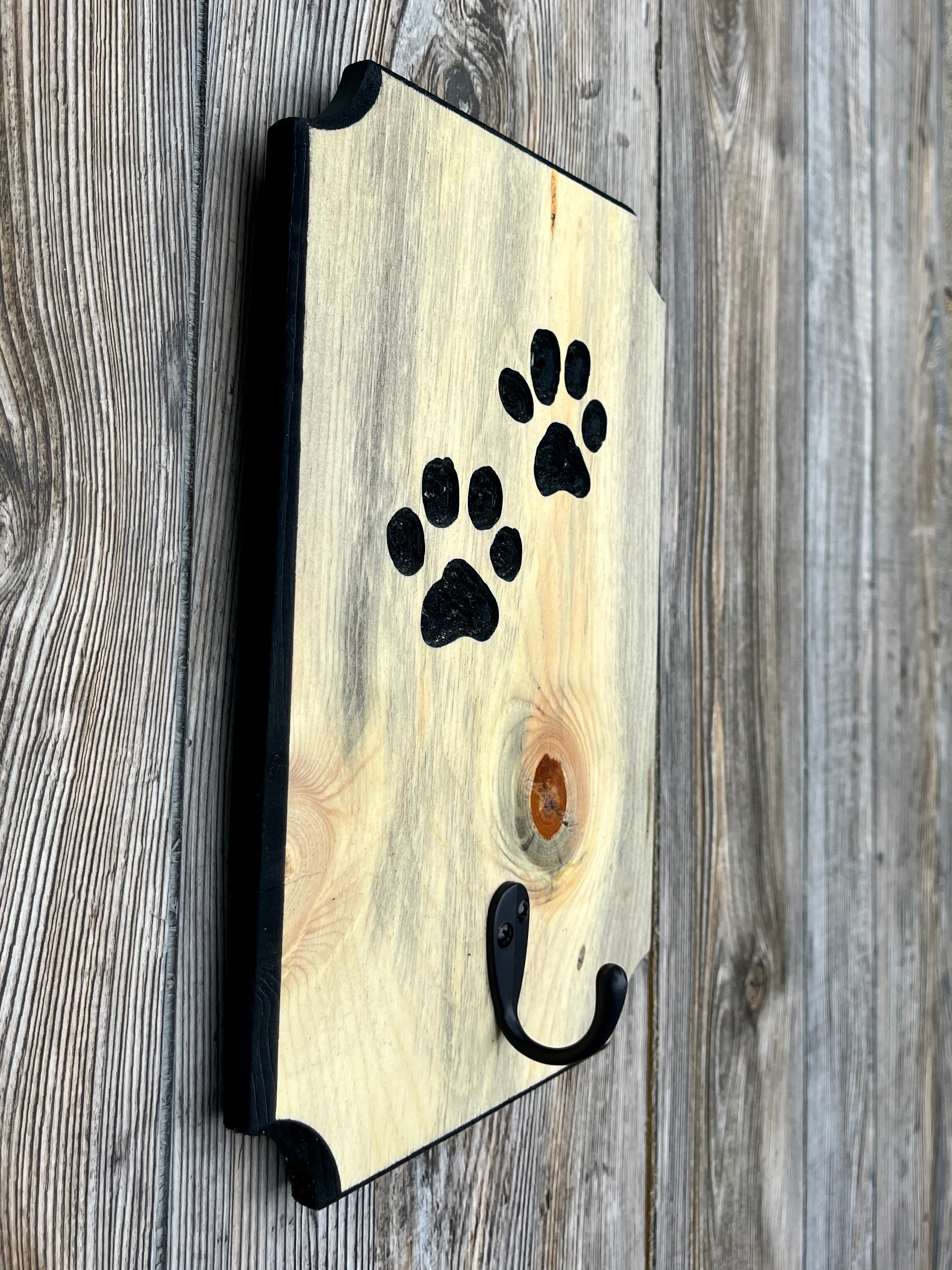 Custom Hand Carved Wooden Dog Leash Holder with Paw Prints