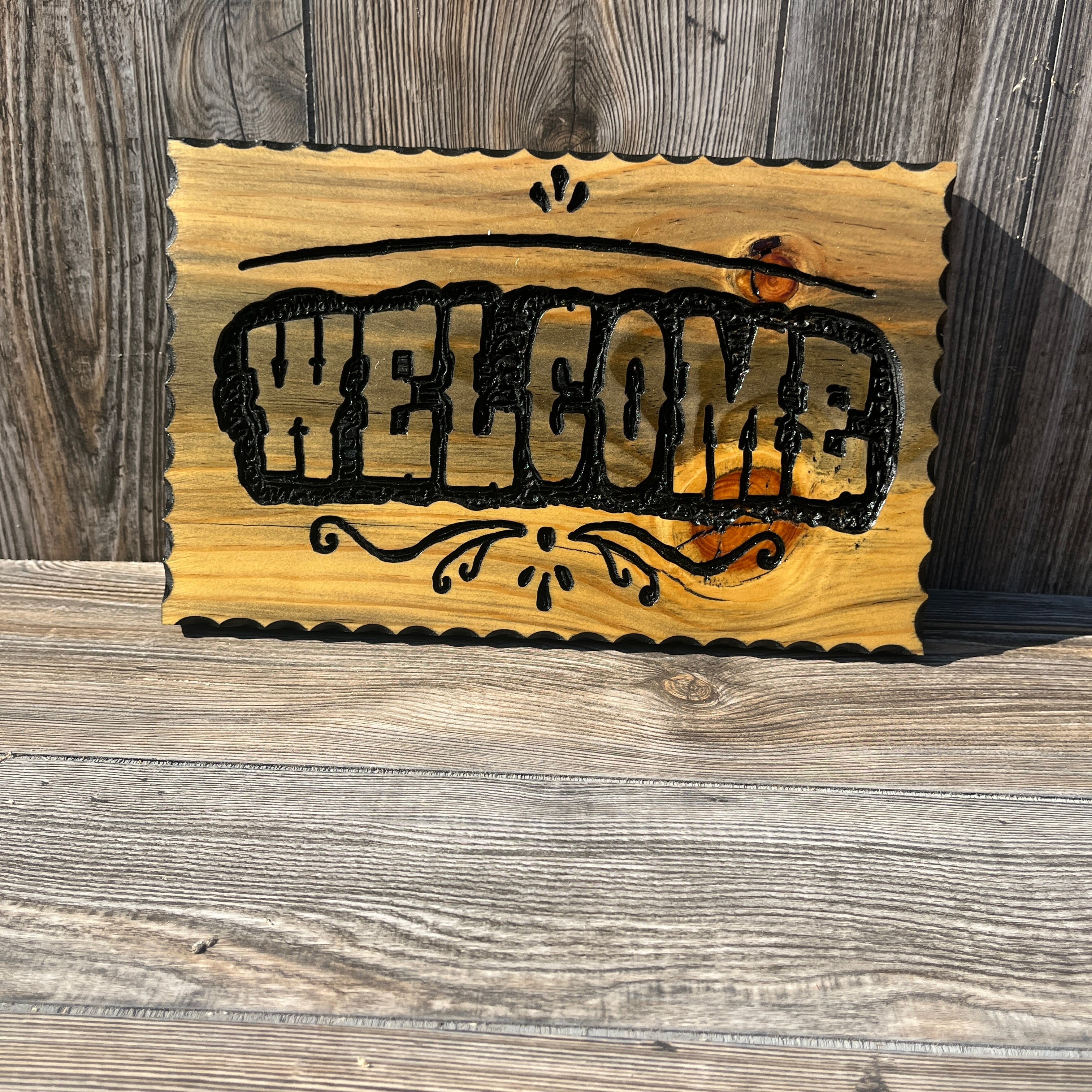 Handcrafted “WELCOME” Sign – Scroll Design in Blue Pine