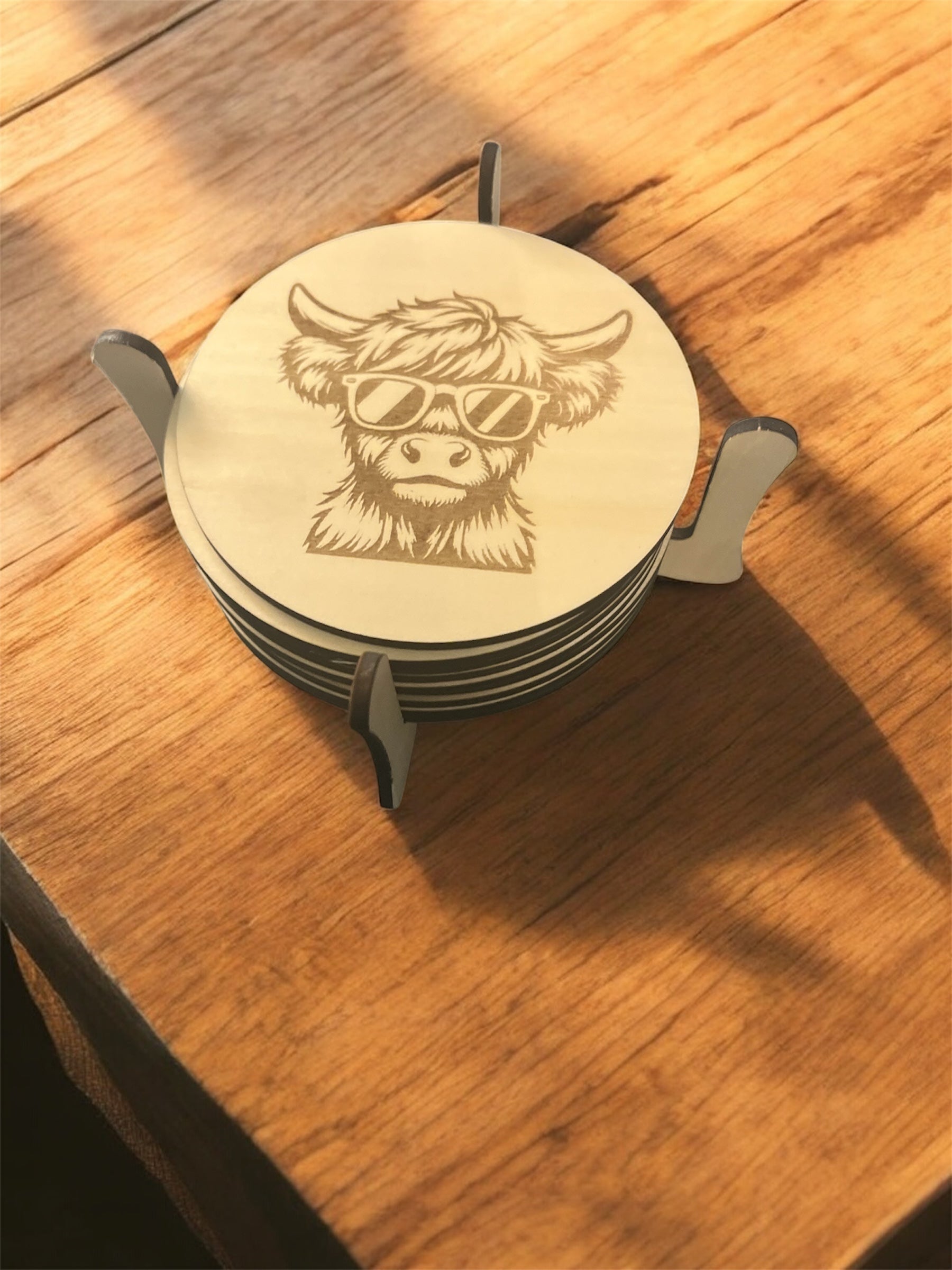 Highland Cow Coaster Set with Rustic Holder – 9 Funny Farmhouse Drink Mats