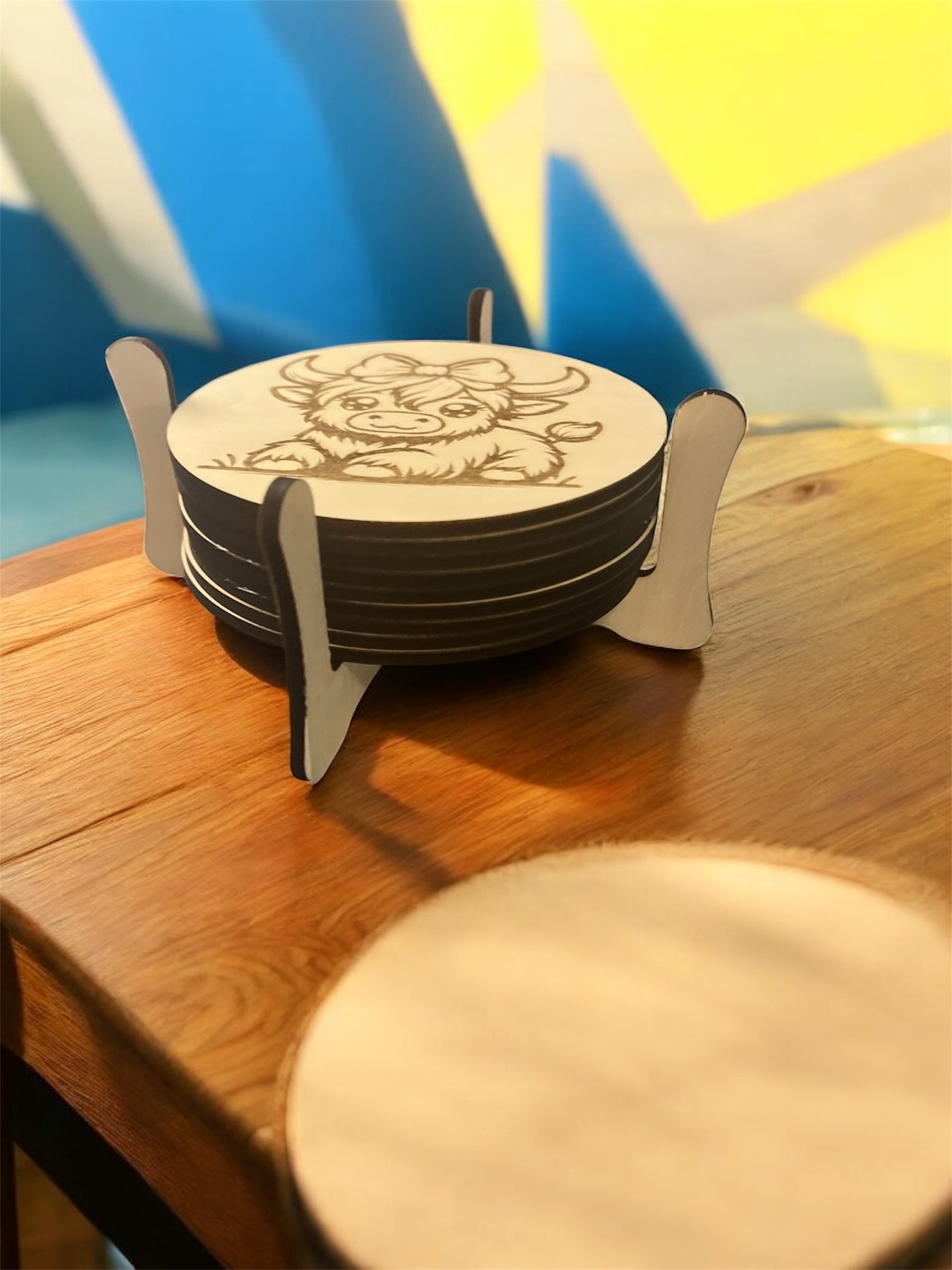 Highland Cow Coaster Set with Rustic Holder – 9 Funny Farmhouse Drink Mats